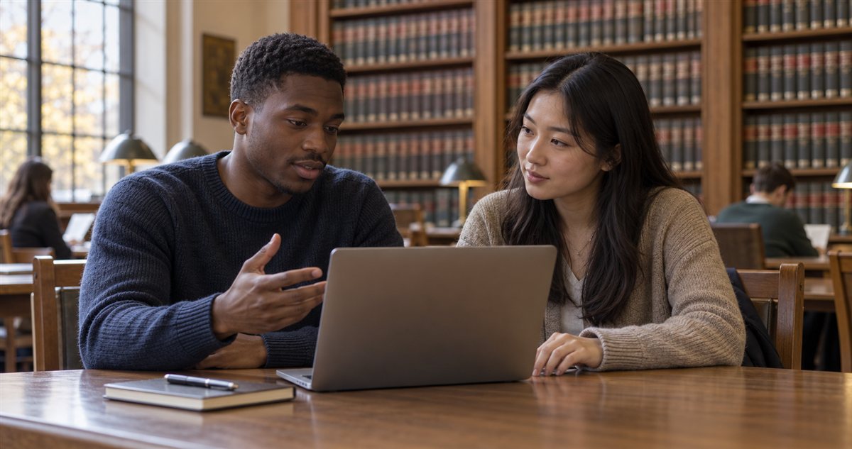 Two law students discussing a study question beside a shared laptop in a university library.