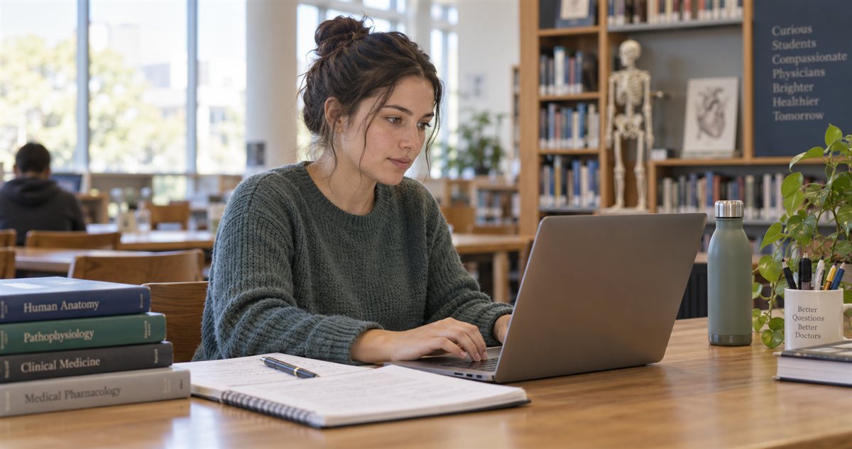 University student studying on a laptop in a library with anatomy books and a skeleton model in the background.