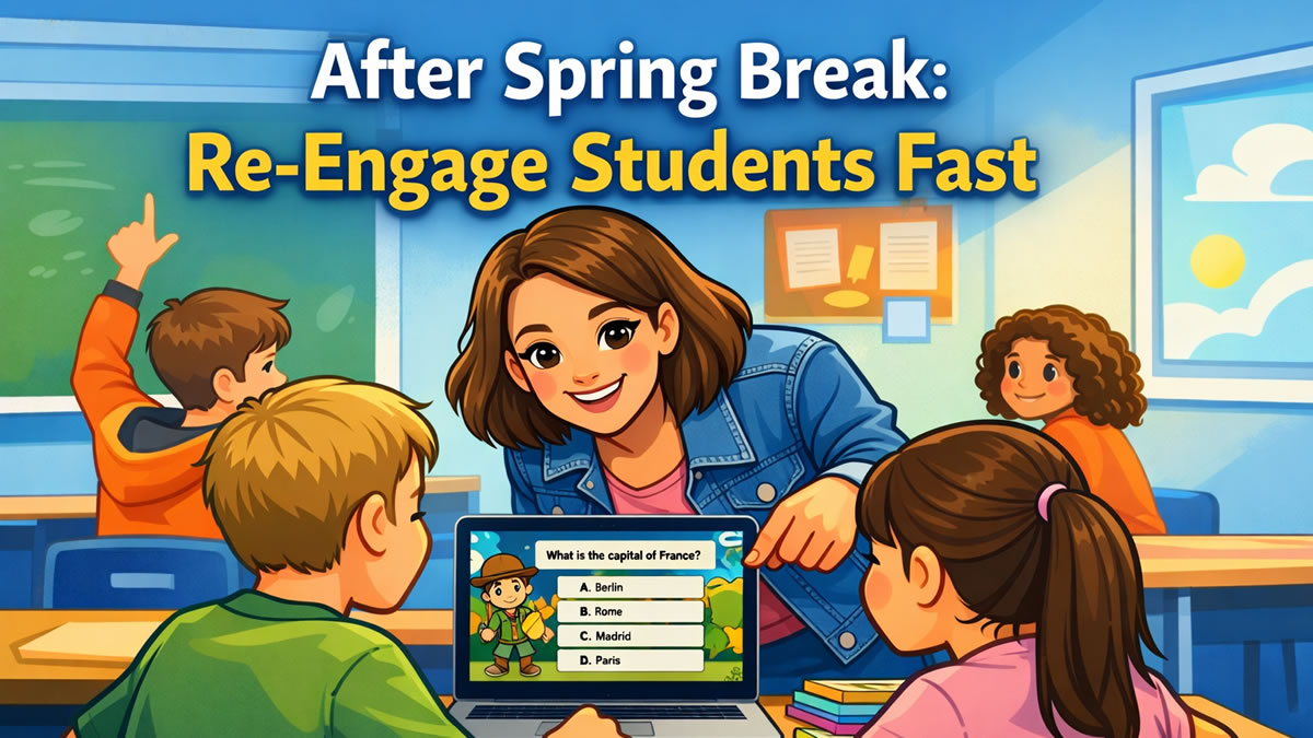 Students playing a BrainFusion review game on the first day back from Spring Break