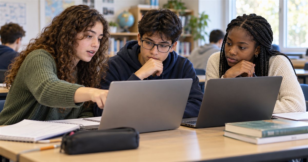 Three secondary-school students compare information on two laptops during a classroom discussion.
