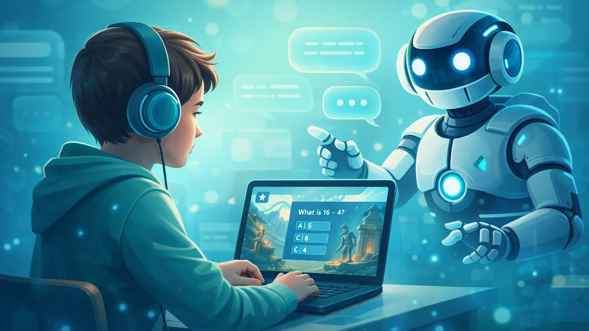 Illustration of AI-powered educational games moving beyond traditional quiz apps into adaptive, story-driven learning experiences