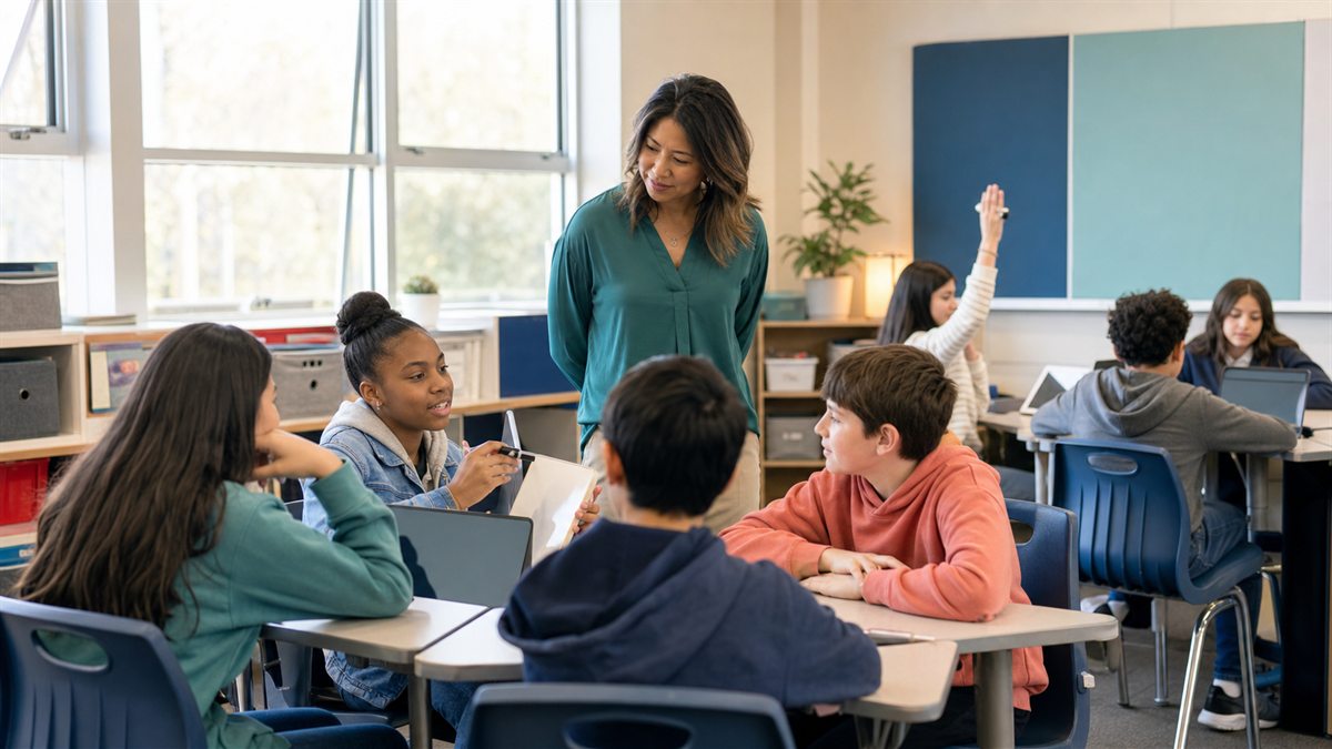 Teacher circulating between student groups during a focused classroom learning game