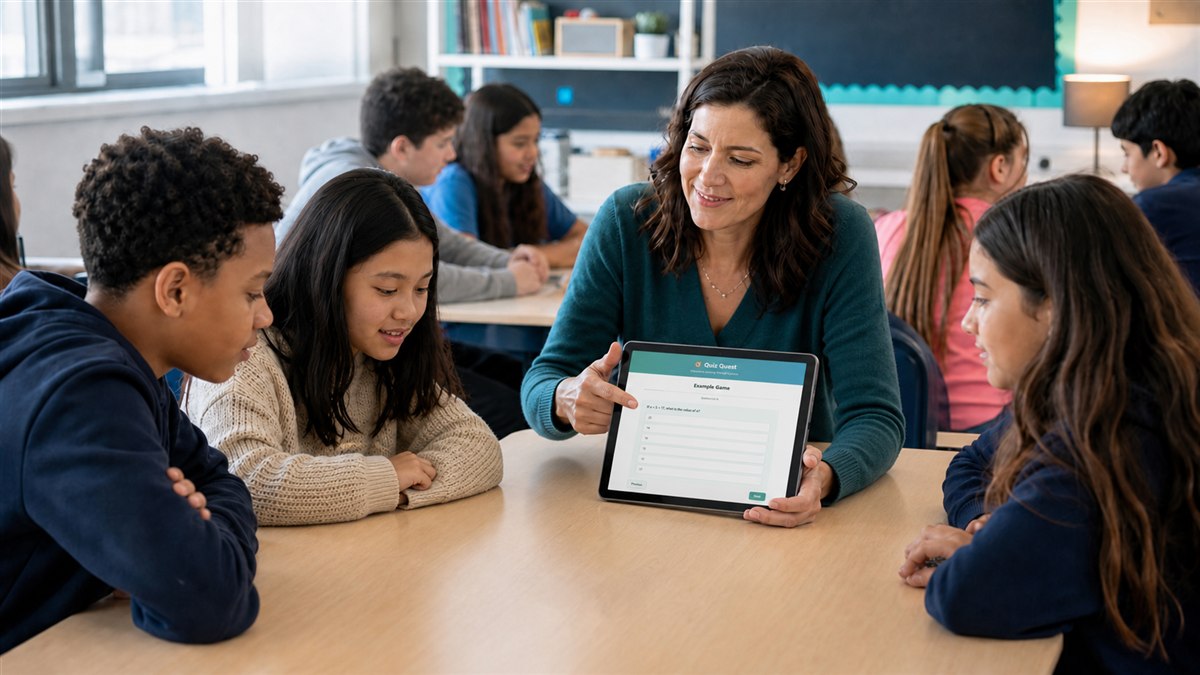 Teacher showing a Quiz Quest game on one tablet to a small group of multilingual students