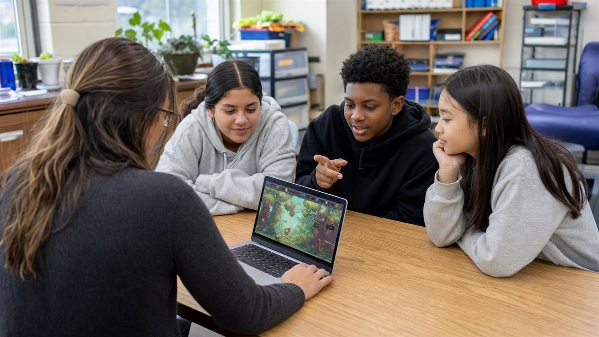 Teacher and four students using one laptop together for a differentiated Quiz Quest classroom game