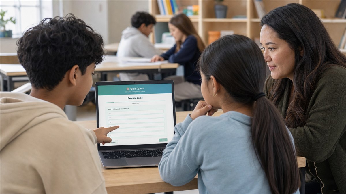 Teacher supporting two students as they choose an answer in a shared Quiz Quest game on one laptop