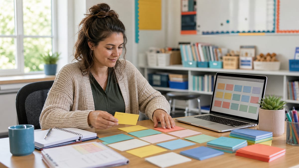 Teacher organizing color-coded question cards beside a laptop displaying a classroom question bank
