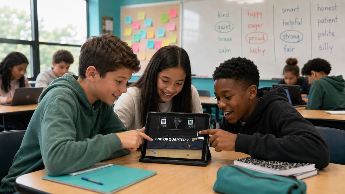 Students playing a vocabulary review game together in a classroom