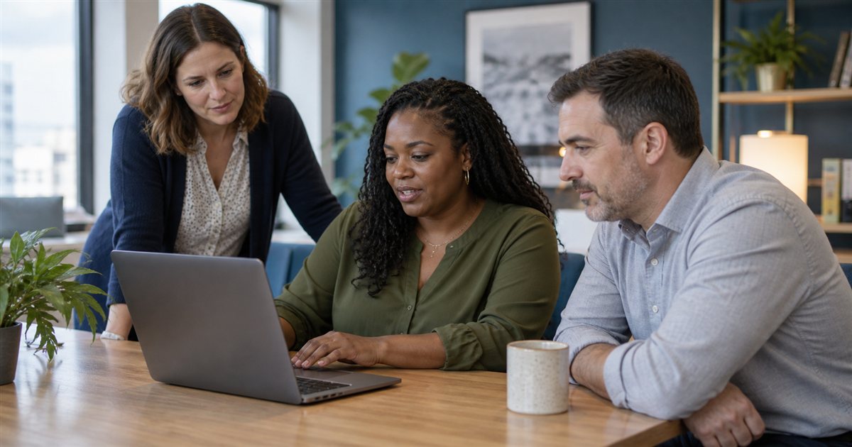 Three office colleagues discussing a training activity around one shared laptop
