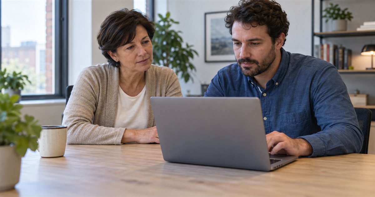 An HR facilitator and an employee reviewing a digital training activity together on a laptop