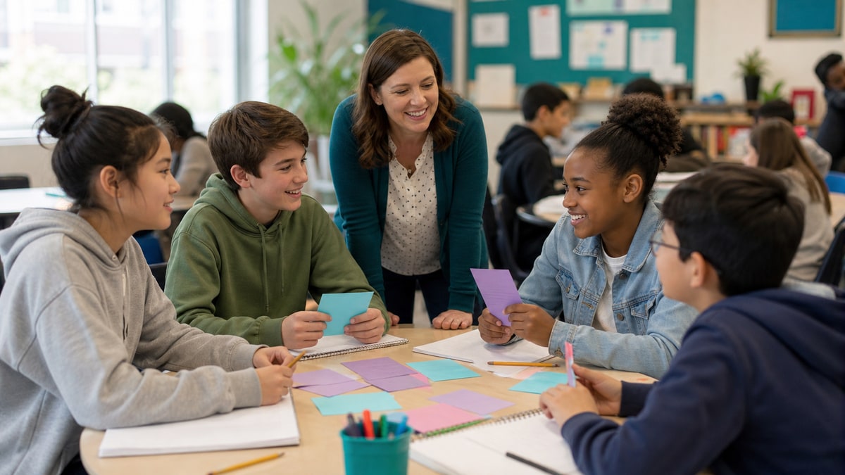 Teacher guiding a diverse group of students through a collaborative first-week classroom game
