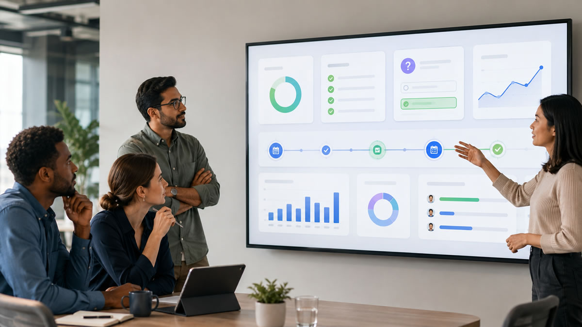 Employees reviewing training results after an interactive knowledge check