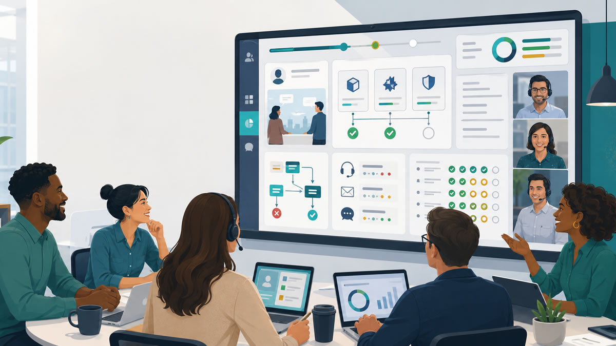 Sales and support employees practicing product knowledge with a team training game
