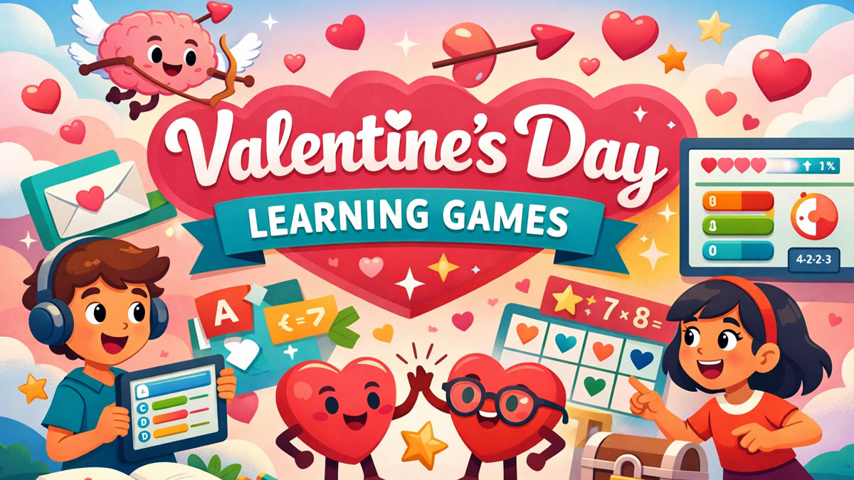 Valentine's Day themed learning games in a classroom setting