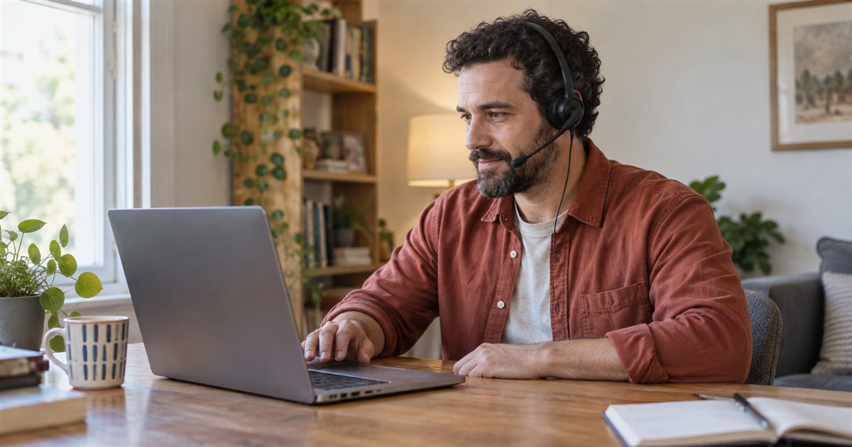 A remote employee wearing a headset works on a laptop at a home-office desk, with the screen facing him.
