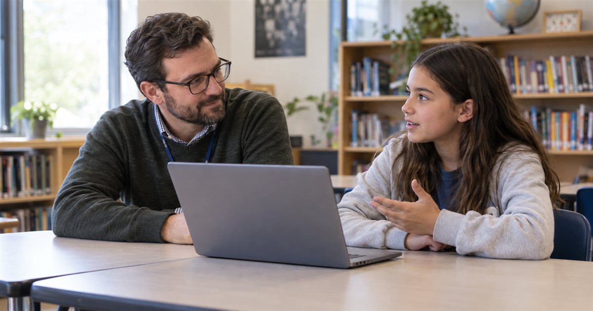 A teacher listens to a student explain an idea beside a shared laptop, with its screen facing them.