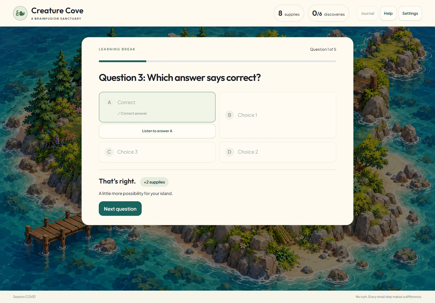Creature Cove gameplay using curriculum questions