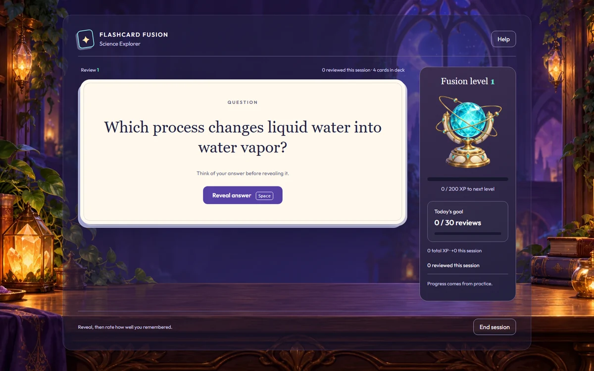 Flashcard Fusion showing a science card with a prompt to recall the answer before revealing it.
