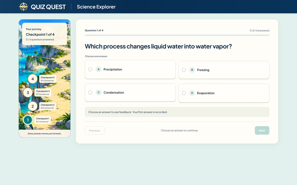 Quiz Quest science practice: students choose which process changes liquid water into water vapor.