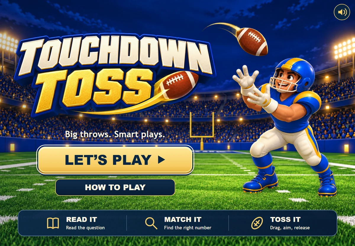 Touchdown Toss title screen with a football receiver in a floodlit stadium.