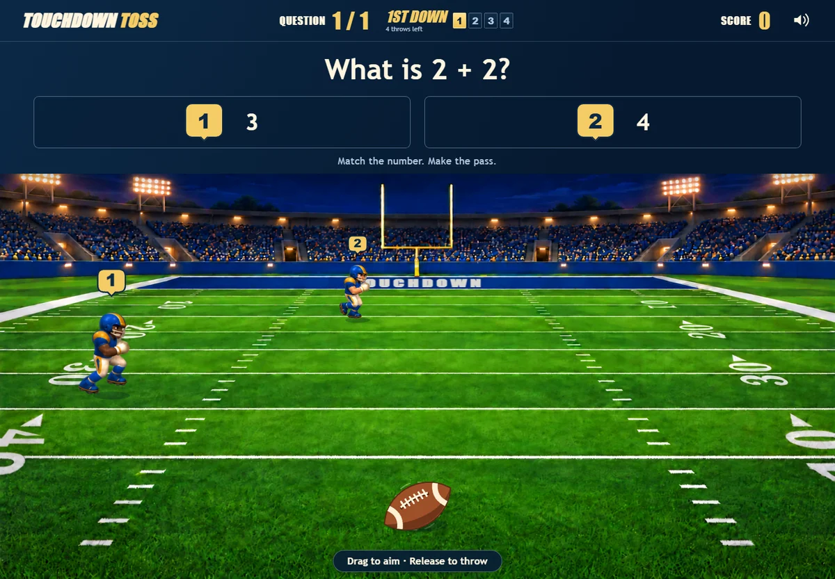Touchdown Toss question panel above moving receivers with numbered jerseys on a football field