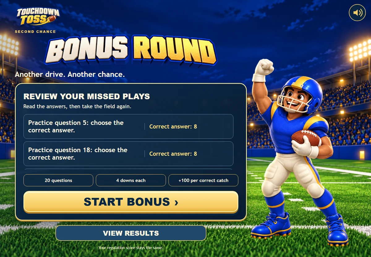 Bonus-round review showing missed questions and the option to practice them again