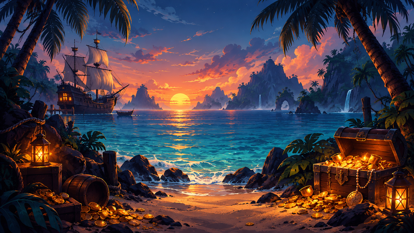 Pirate ships, lanterns, and treasure chests around a tropical bay at sunset.